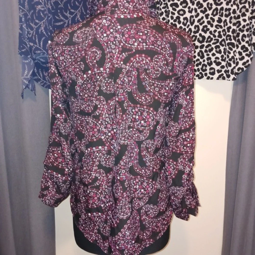 3 MICHAEL‎ KORS Tops Black Purple Paisley Animal Blouse Zip Long Sleeve Shirt M